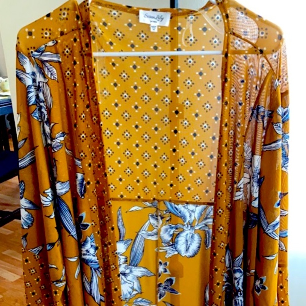 Mustard yellow floral print kimono.